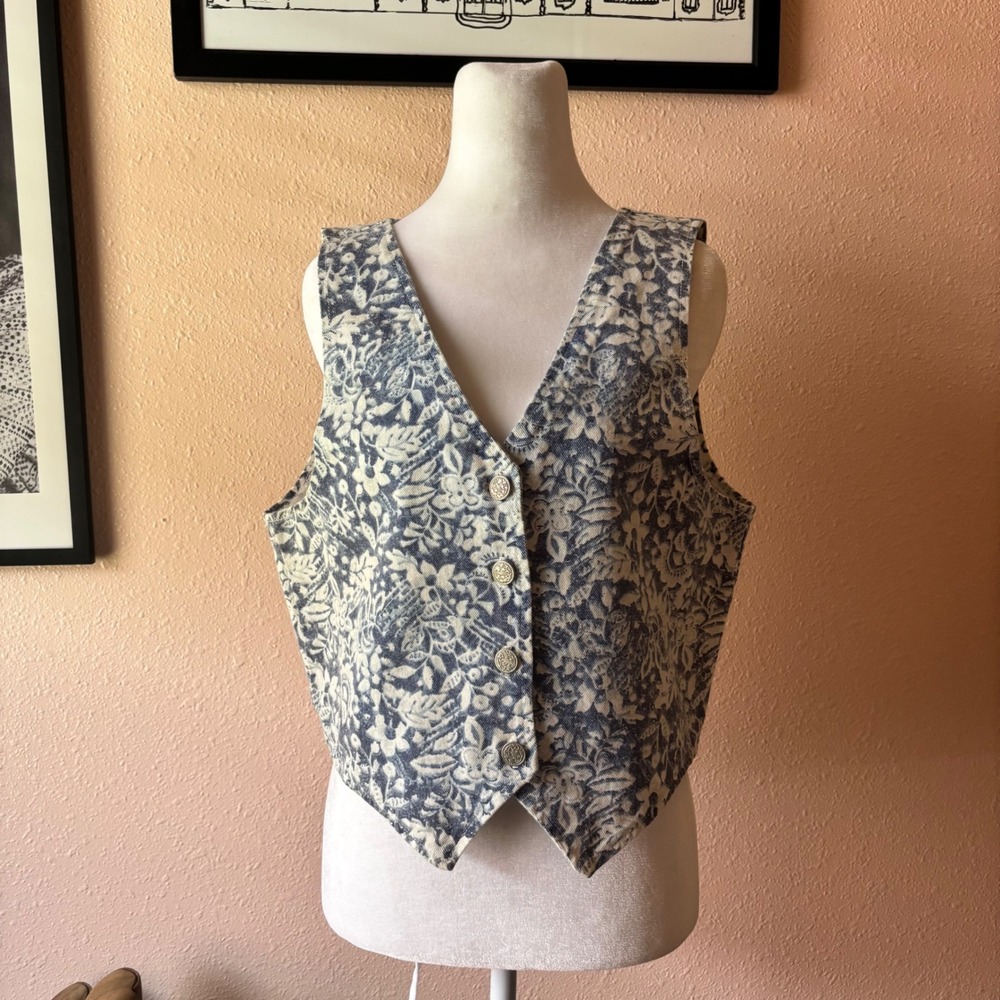 Vintage 90s Acid Wash Floral Denim Vest